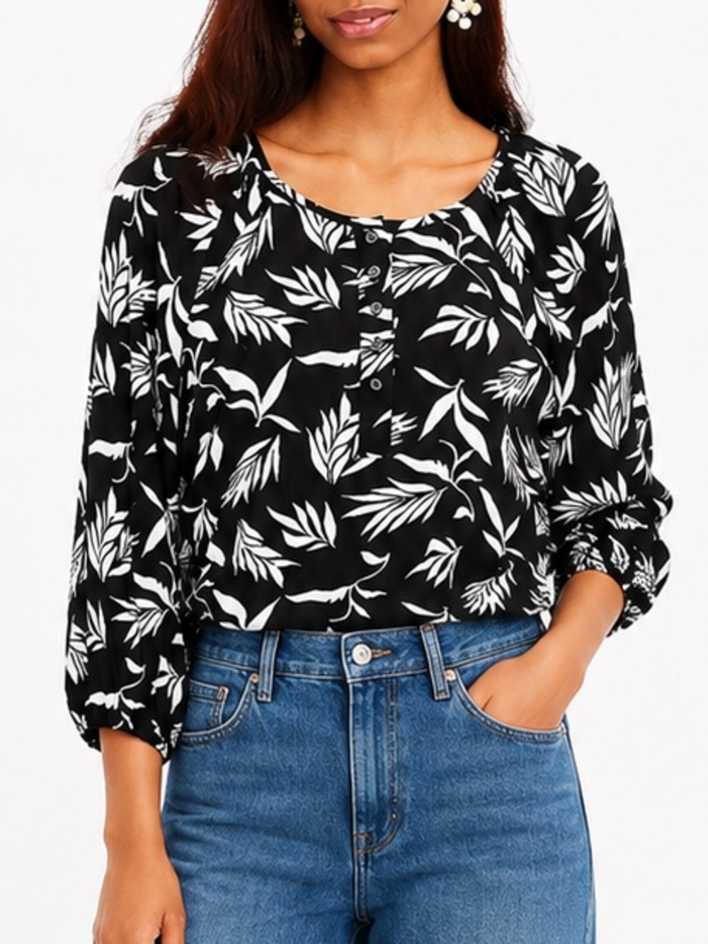 LOFT WOMEN’S PALM HENLEY BLOUSE-BLACK/WHITE-SIZE SMALL